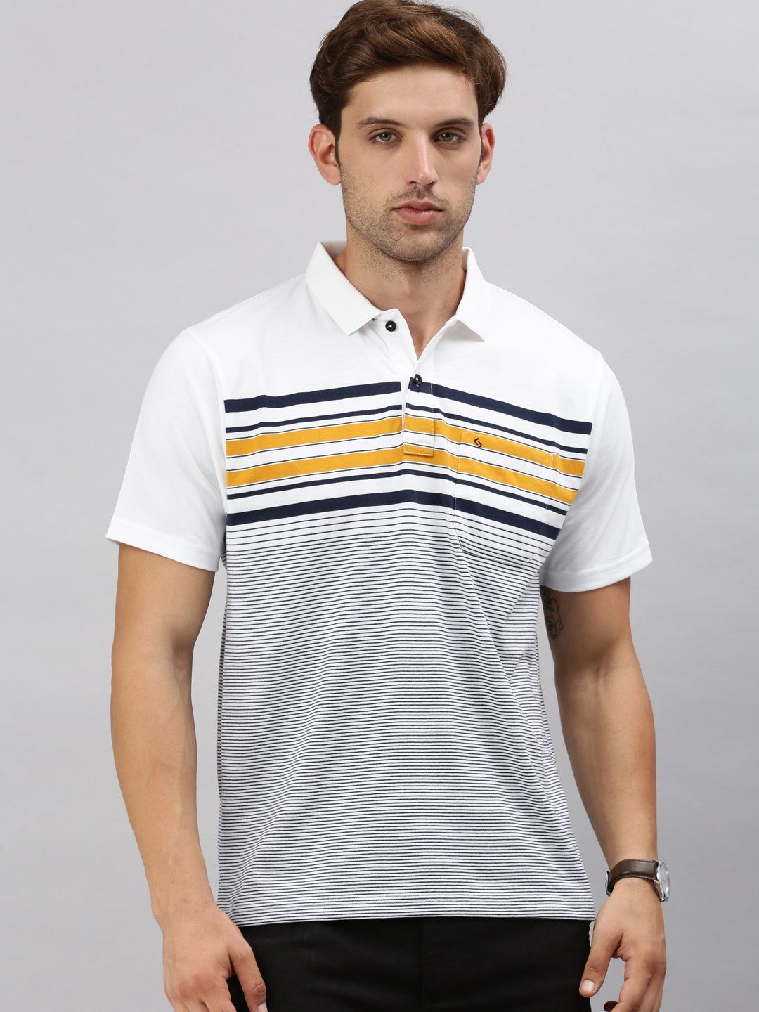 Classic Polo Men's Half Sleeve White/Navy Polo Neck Cotton Authentic Fit T Shirt | AVON - 578 A AF P