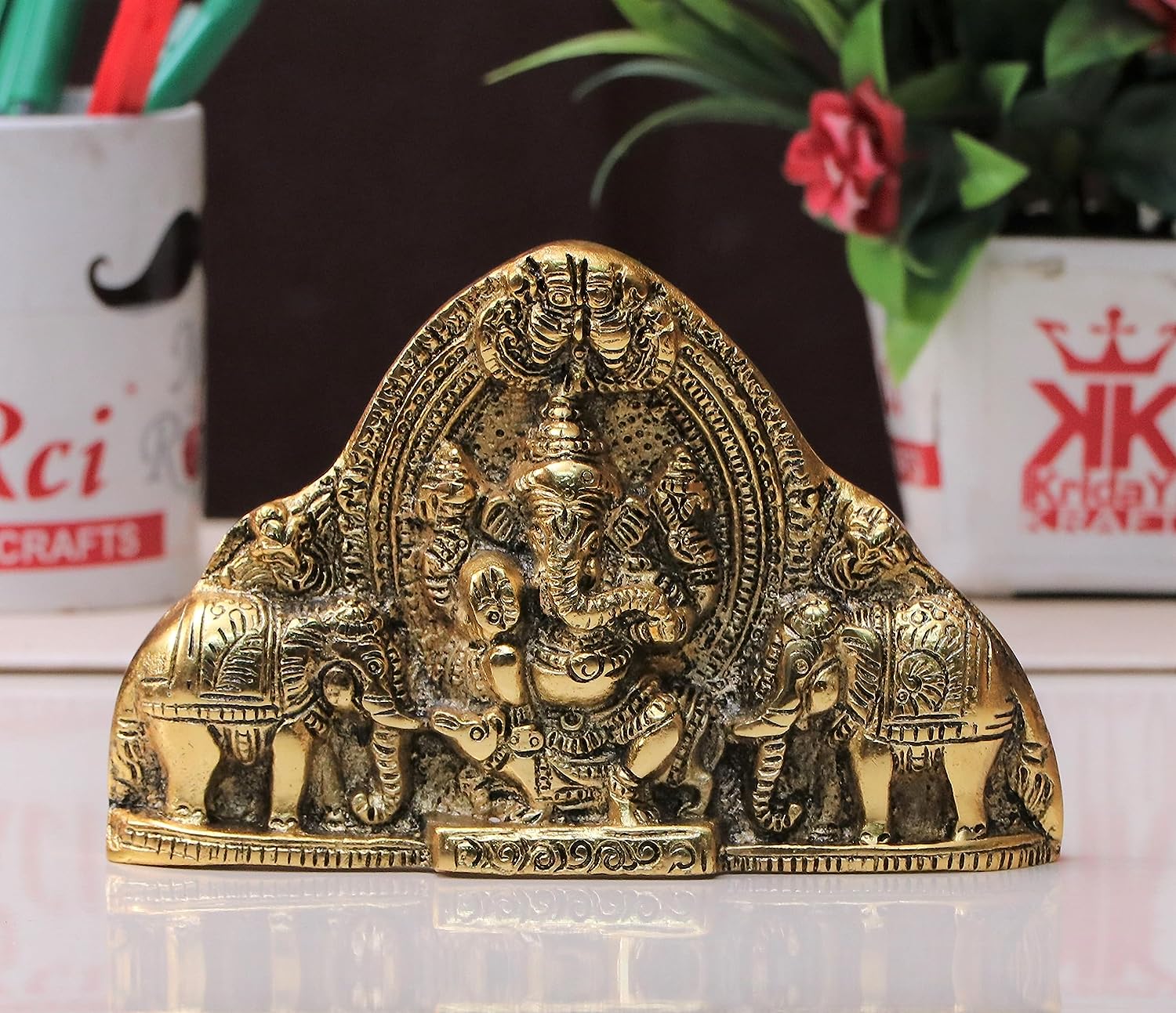 DreamKraft Ganesh Wall Hanging with Elephants - Decorative Showpiece (12 cm, Aluminium, Gold)