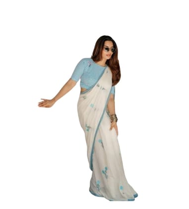 DARSHANS Women's Linen Printed Saree With Unstitched Blouse 5.5Mtr (White)-PID65196
