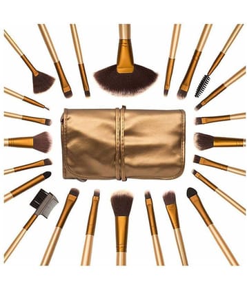 FOK Professional Makeup Brushes With Golden Leather Pouch Synthetic Blending,Wet & Dry Products,Contouring,Evenout 300 g 24 Pcs