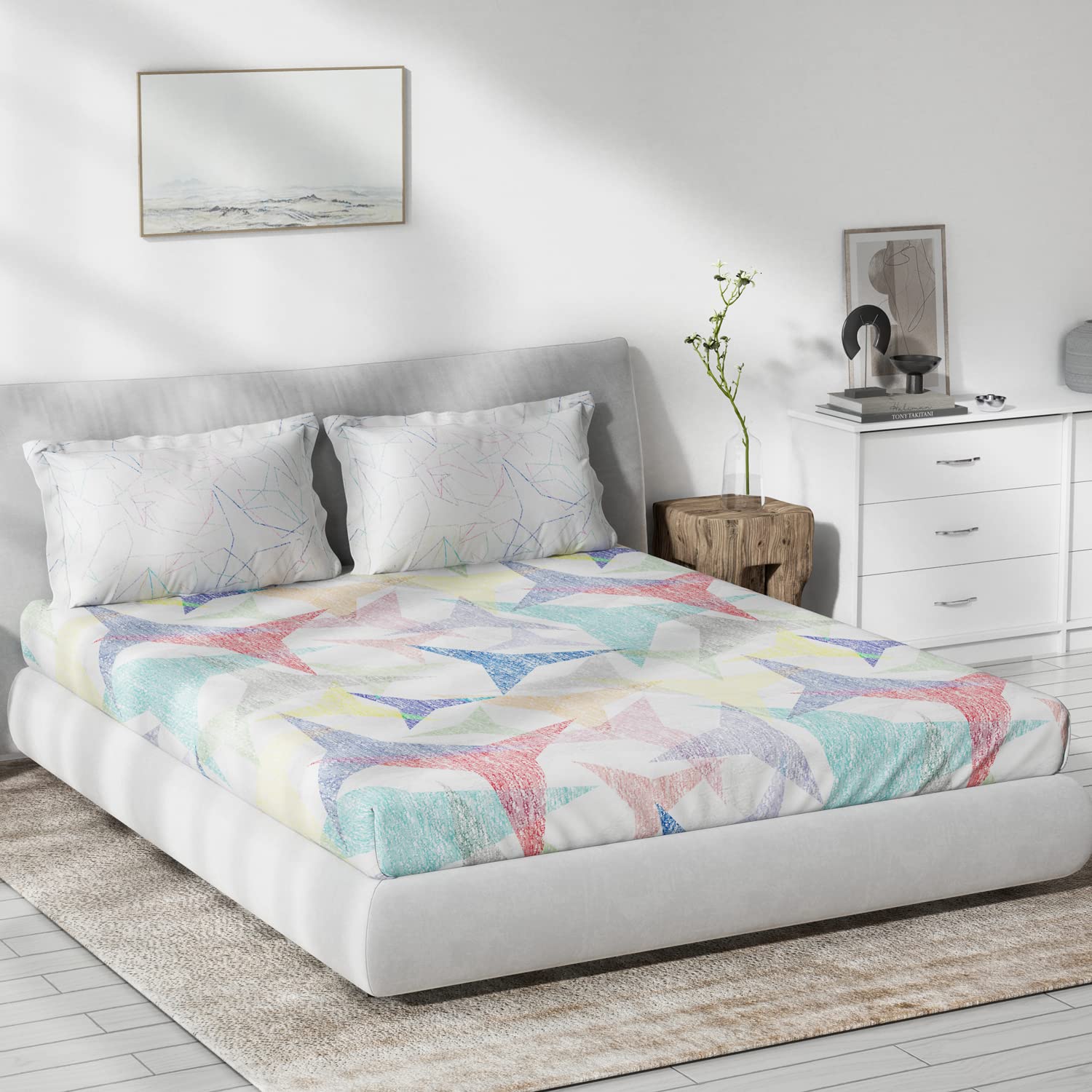 DDECOR - Primary Collection 100% Cotton Geometric Pattern 136TC King Bedsheet |229 CM X 274 CM| with 2 Pillow Covers - Blue