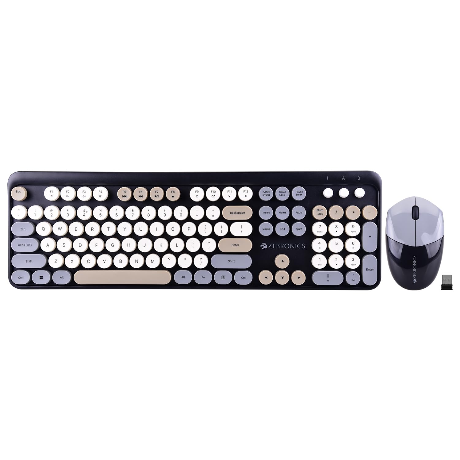 ZEBRONICS Companion 301 2.4GHz Wireless Keyboard & Mouse Combo with UV Printed, Retro Style Keys, 104 + 12 Integrated Multimedia Keys, 1600 DPI, High Precision (Black + Grey)
