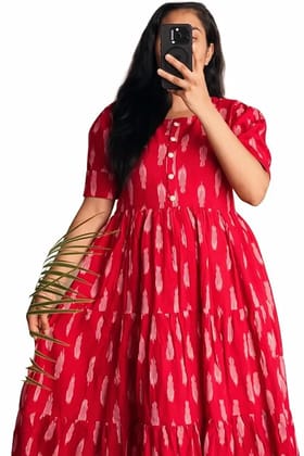 Rayon A-Line Midi Dress, Floral Print, Short Sleeves