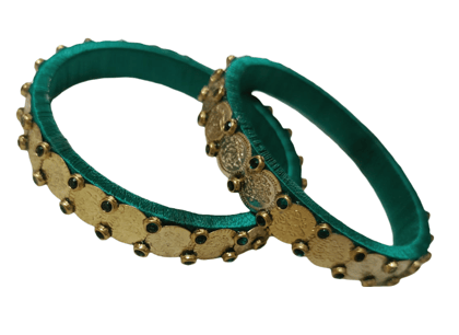 Green Silk Thread Bangles with Gold Coin Accents