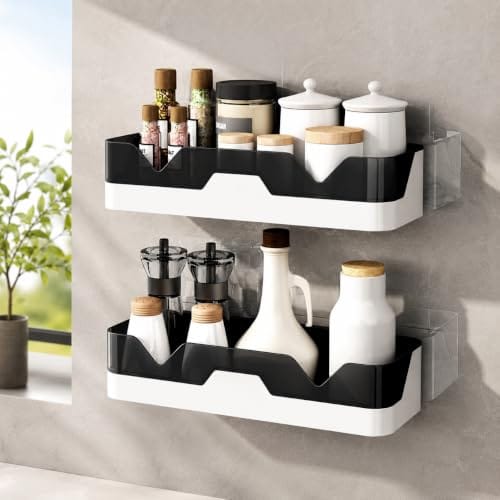 Oslen Pack of 2 Self-Adhesive Plastic Bathroom Rack, Bathroom Shelf Organizer, Wall Mounted Shelf, Bathroom