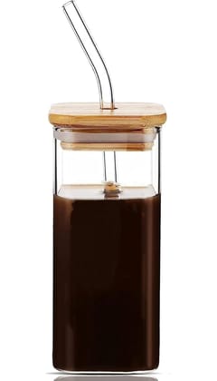 Square Glass Mason jar 410 ML Mug Sipper with Airtight Wooden Lid & Glass Straw Used for hot & Cold Drinks Borosilicate Tumbler Cup for Iced Coffee, Smoothie, Juice, Mocktail & Cocktail pack of 1