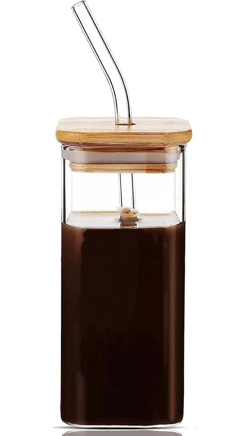 Square Glass Mason jar 410 ML Mug Sipper with Airtight Wooden Lid & Glass Straw Used for hot & Cold Drinks Borosilicate Tumbler Cup for Iced Coffee, Smoothie, Juice, Mocktail & Cocktail pack of 1