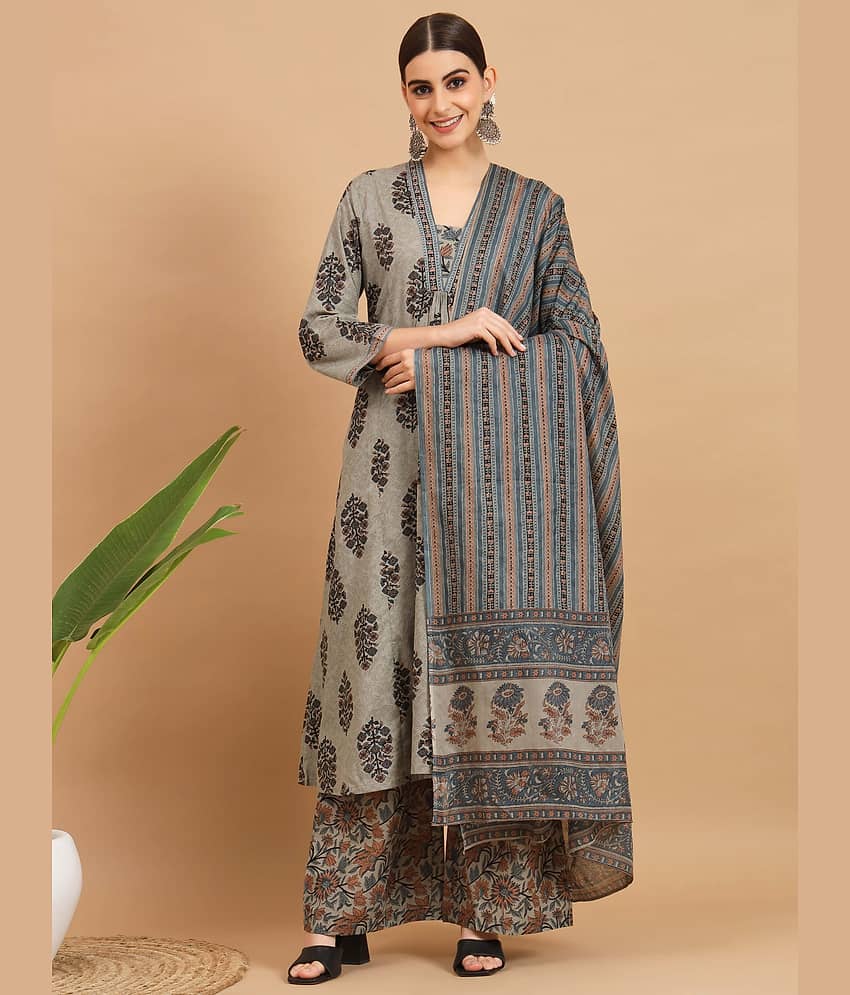 Vbuyz Cotton Printed Kurti With Pants Women's Stitched Salwar Suit - Grey ( Pack of 1 )
