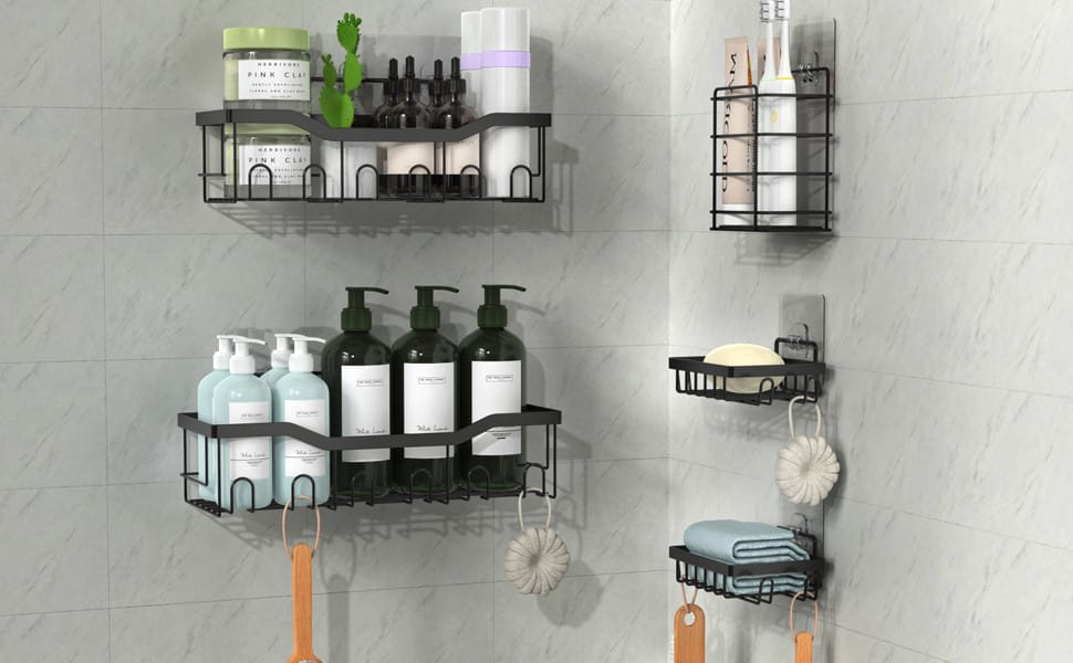 M Y 5 Pcs Shower Organizers, Shower Shelves with Caddy & Toothbrush Holder Iron Wall Shelf (Number of Shelves - 5, Black)