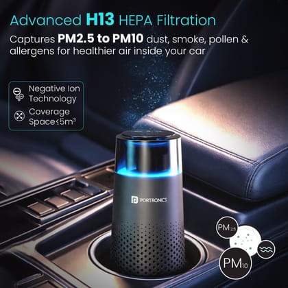 Portronics AeroDrive Type-C Powered Air Purifier, H13 HEPA Filtration, 3-Stage Filtration, 360° Air Intake, Removes PM 2.5 to PM 10, Brushless Motor, Negative Ion Technology, RGB Ambient Lighting - Black