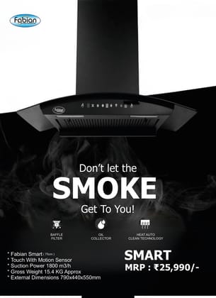 Fabian Smart Kitchen Chimney (75cm) | 1800m3/hr Powerful Suction | Heat Auto Clean & Baffle Filter | Modern Kitchen Ventilation