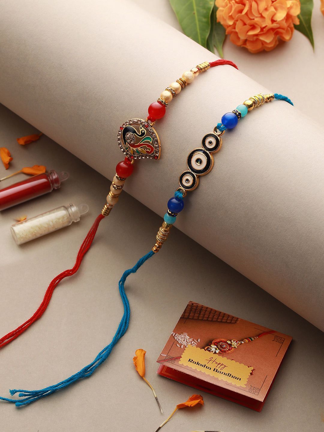 Set of 2 Evil Eye nd Peacock Rakhi with Roli Chawal