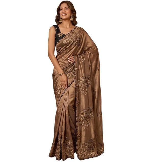 Women's Viscose Silk Embroidered Saree With Unstitched Blouse 5.5Mtr (Brown)-PID67268
