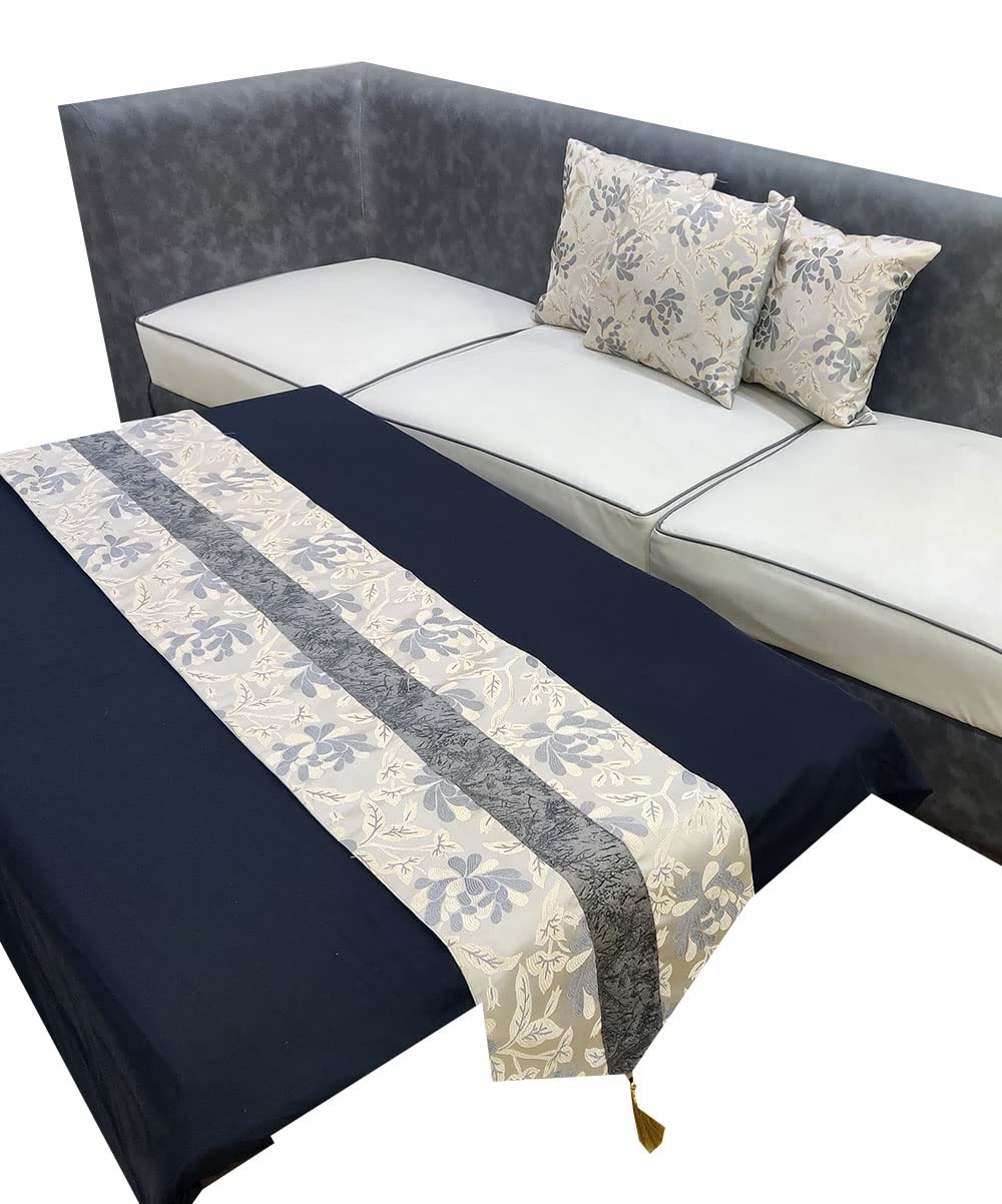 GOODVIBES Grey White Damask Floral Woven Square 3 Cushion Covers and 1 Table Runner Combo Luxury Modern Pillow Cover for Sofa Living Room Bedroom |24X24 Inch Cushion Cover I12 X 59 Inch Table Runner