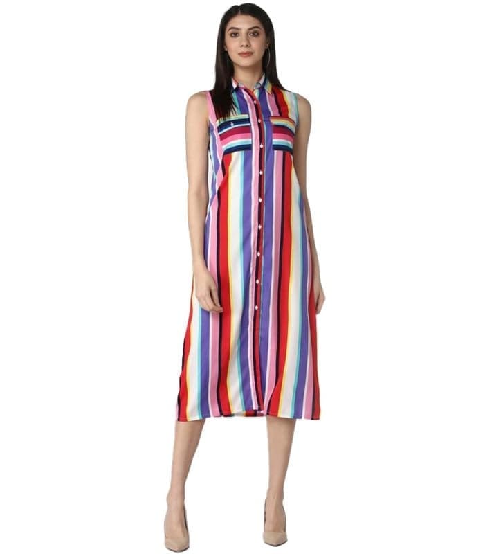 Women's Polyester Striped Sleeveless Calf-Length Dress (Multicolor, S)-PID55775