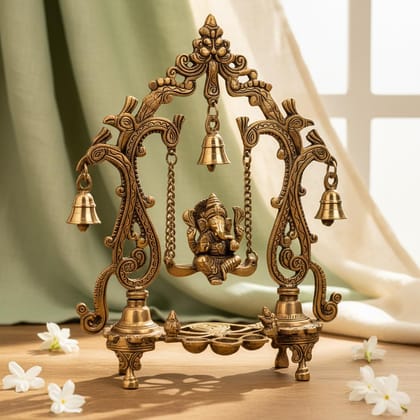 Sukh Sehaj Shree Ganesh Jhula | Handcrafted, Antique Finish, 14.1 Inch, for Home Temple, Decor, Pooja Ritual and Gifting