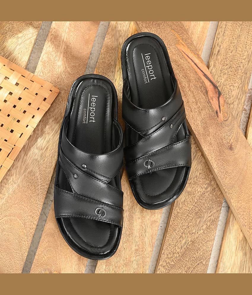 Leeport - Black Men's Leather Slipper