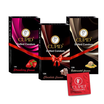Cupid Dotted & Flavoured Condoms Chocolate, Strawberry & Butterscotch Flavour (Pack of 3) | Lubricated & Multitextured Condoms | For Her Enhanced Pleasure | Pack of 3, 12 Pcs Each