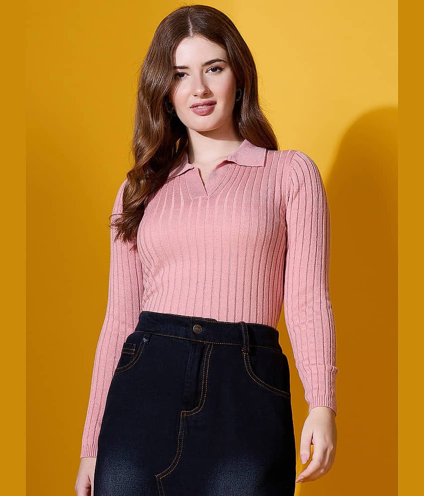 98 Degree North Women Acrylic Shirt Collar Pullover ( Pink )