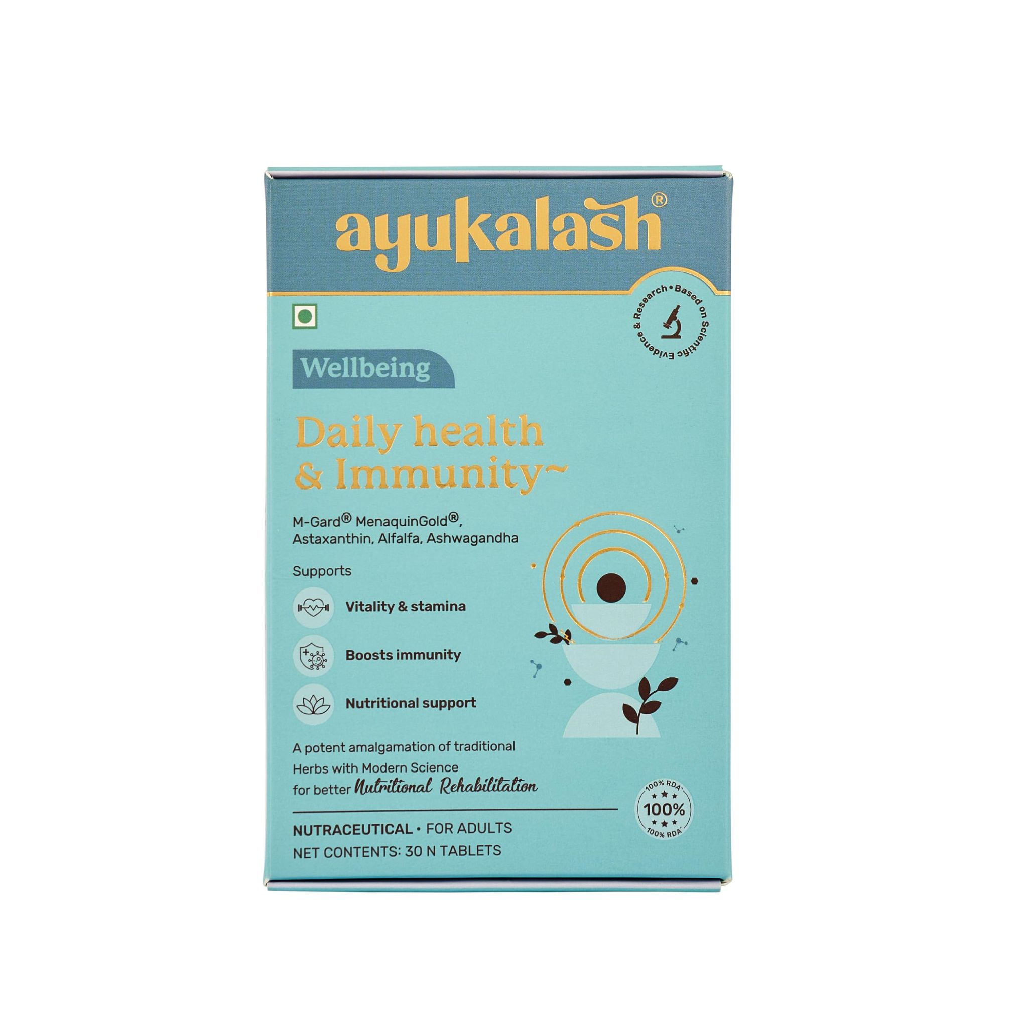AYUKALASH Wellbeing Daily Health & Immunity Supplement, 30 Tablets | With Beta-Glucan, Astaxanthin, Vitamin C, D, Zinc & Adaptogens | For Energy, Stamina, Vitality, Immune Support & Overall Wellness