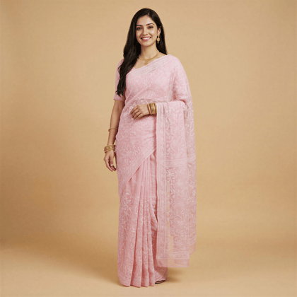 Handcrafted Kota Cotton Chikankari Saree | Peach and White Handcrafted Kota Cotton Chikankari Saree | Peach and White