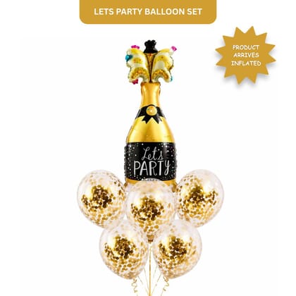 Let’s Party Champagne Glass Helium Balloon Set of 6 (1 Supershape Champagne + 5 Gold Confetti Balloons) | Pre-Inflated & Delivered | Celebration Decoration