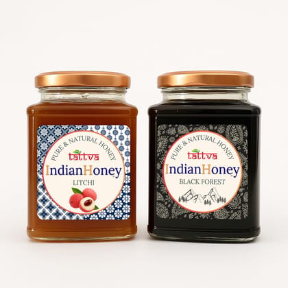 IndianHoney Black Forest with Litchi Honey Combo (Pack of 2) | Pure & Natural | 1kg (500g Each) | Unprocessed & Unfiltered Natural Sweetener