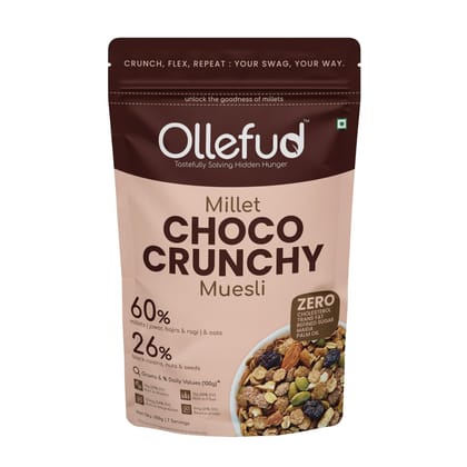 Ollefud Millet Choco Crunchy Muesli | 47% Millets | 26% (Fruits, Nuts & Seeds) | Protein, Fiber & Magnesium Rich | Iron & Zinc Source | No Refined Sugar Ollefud Millet Choco Crunchy Muesli | 47% Millets | 26% (Fruits, Nuts & Seeds) | Protein, Fiber & Magnesium Rich | Iron & Zinc Source | No Refined Sugar
