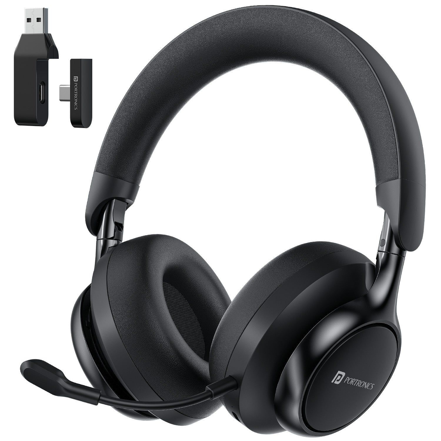 Portronics Muffs M7 Over Ear Headphone, USB-A & Type-C 2.4GHz Receiver, Detachable Boom Mic - Black