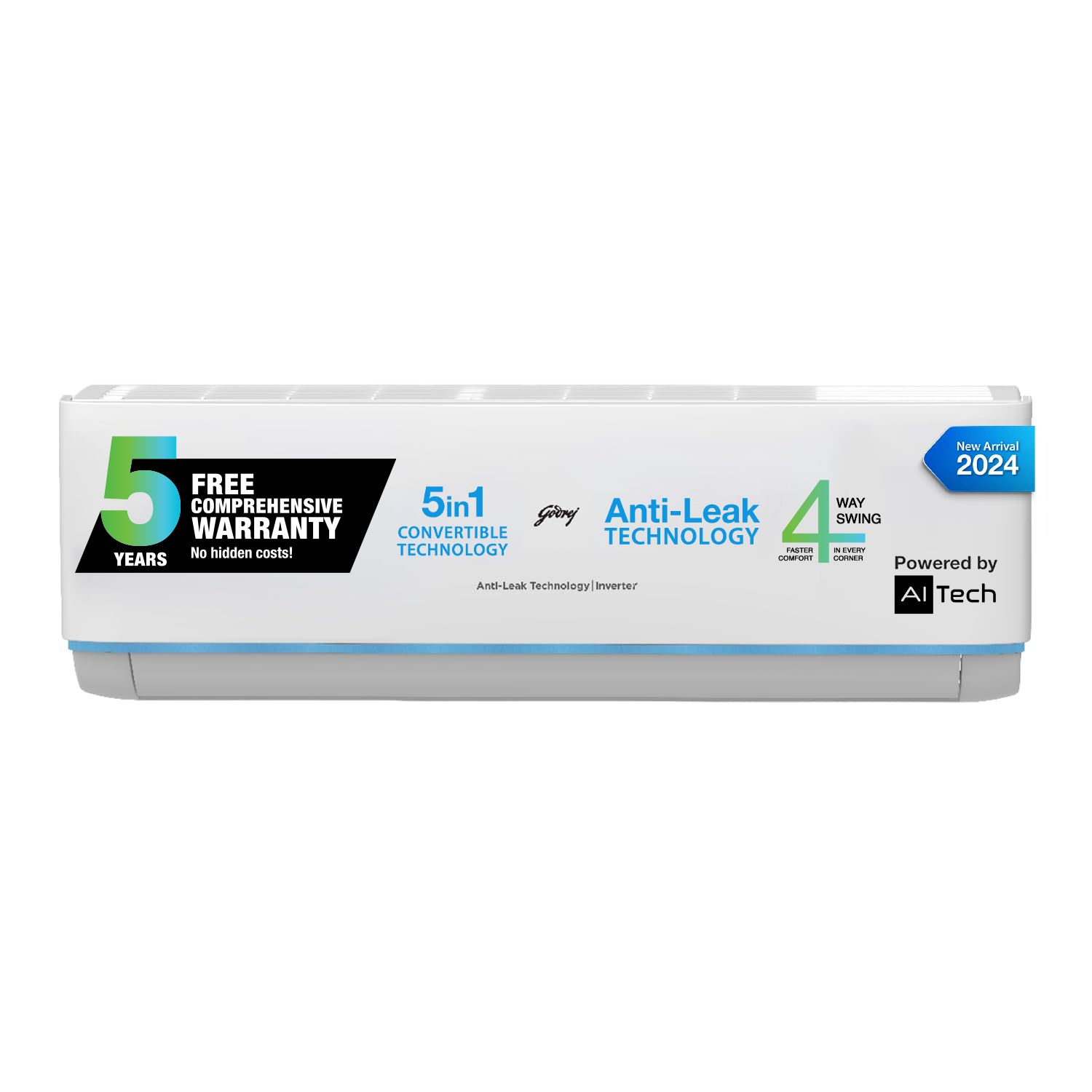 Godrej 1.5 Ton 3 Star, 5 Years Comprehensive Warranty, Anti-Leak, 5-In-1 Convertible Cooling, Inverter Split AC (Copper, Heavy duty cooling, AC 1.5T EI 18DINV3R32 SYB AL, White)