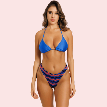 Cheeky Red & Blue Geometric Print Bikini Bottom (Bottom Only)