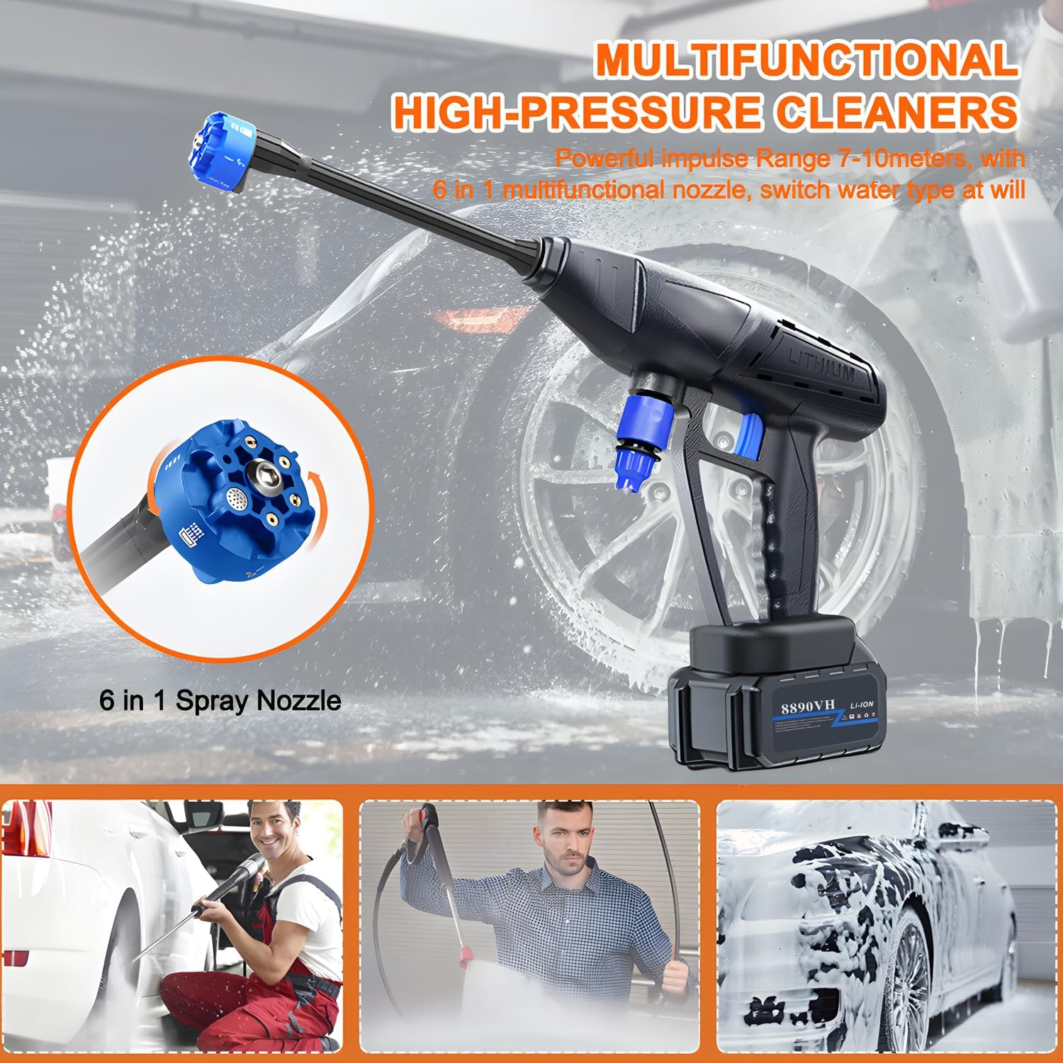 Portable Pressure Washer Gun 48V 12000mAh Cordless High Pressure Water Spray Gun – 6-in-1 Adjustable Nozzle Car Washer, Garden Cleaning & Floor Cleaning Machine (Rechargeable)
