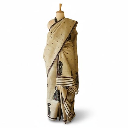 Beige Paisley Print Silk-Blend Saree