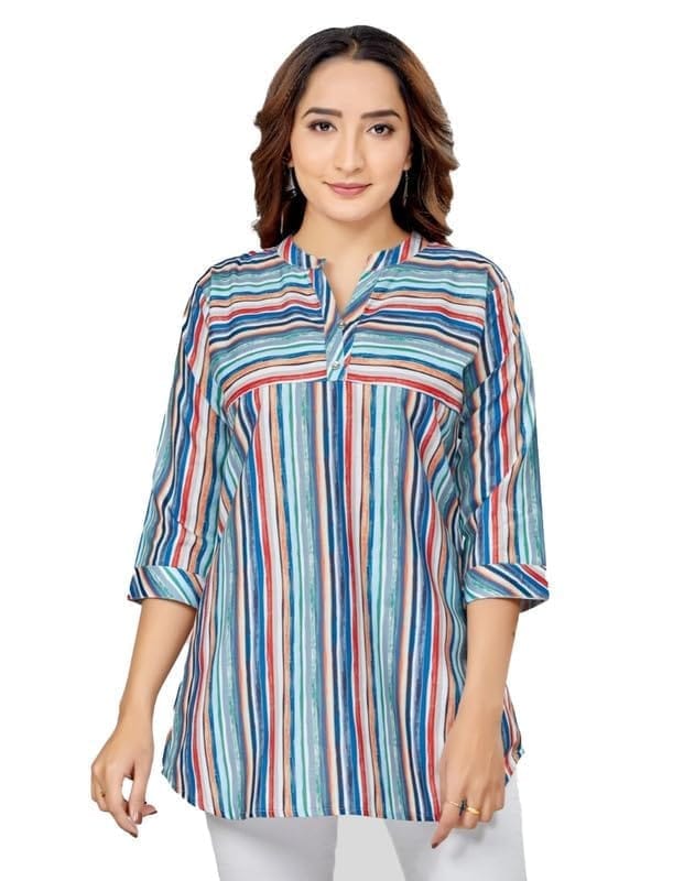 Women's Cotton Blend Mandarin Collar 3/4 Sleeves Short Top (Multicolor, 2XL)-PID56245