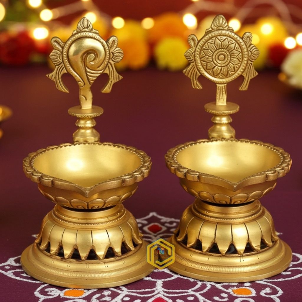 Brass Table Decor Shankh Chakra Deepak, Oil Lamp  - Divine Deepak for Home Temple, Height : 7 Inch (BSMAS1503 H)