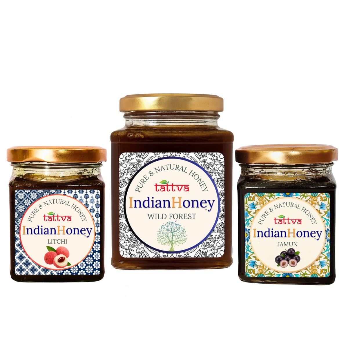 IndianHoney Wild Forest Honey, jamun, & litchi Triple Combo Pack (500gm + 2x230gm)