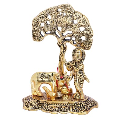 DreamKraft Metal Cow Calf and Krishna Idol Showpiece Under Tree For Home Decor DreamKraft Metal Cow Calf and Krishna Idol Showpiece Under Tree For Home Decor