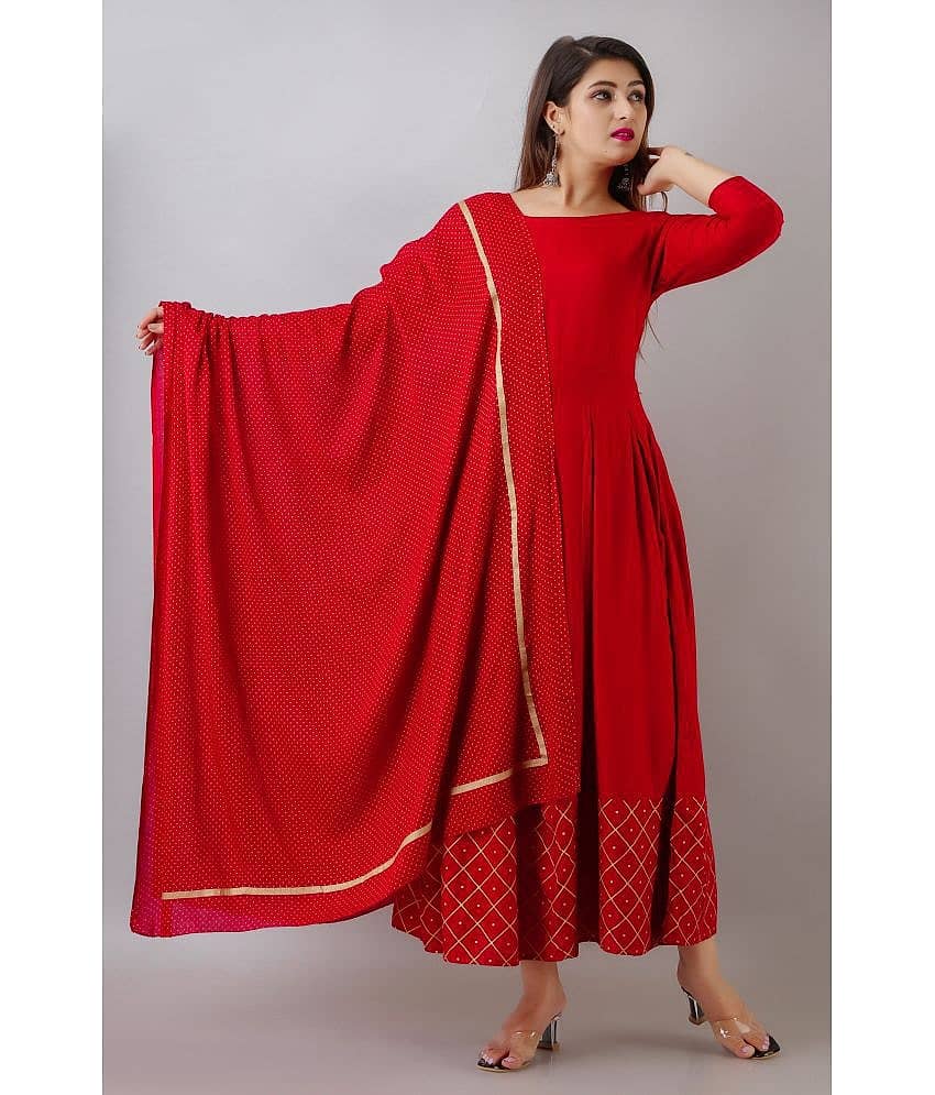 SIPET Rayon Checks Anarkali Women's Kurti with Dupatta - Maroon ( Pack of 1 )