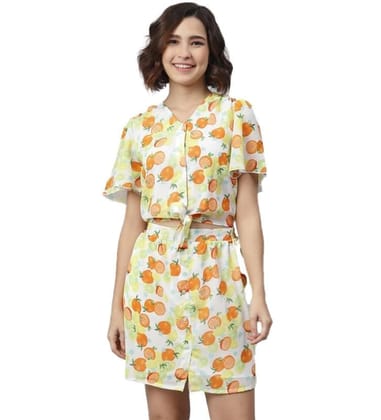 Women's Polyester Printed Flutter Above Knee Dress (Orange - Yellow, L)-PID55779