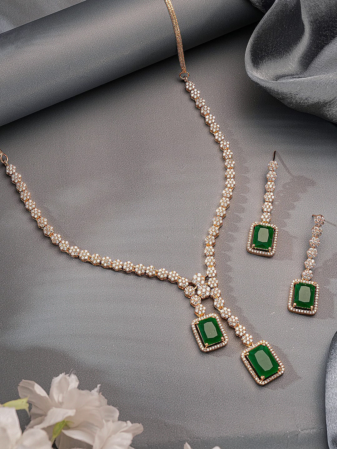 Rose Gold Plated Green Emerald AD Studded Luxe Dropdown Cocktail Jewellery Set
