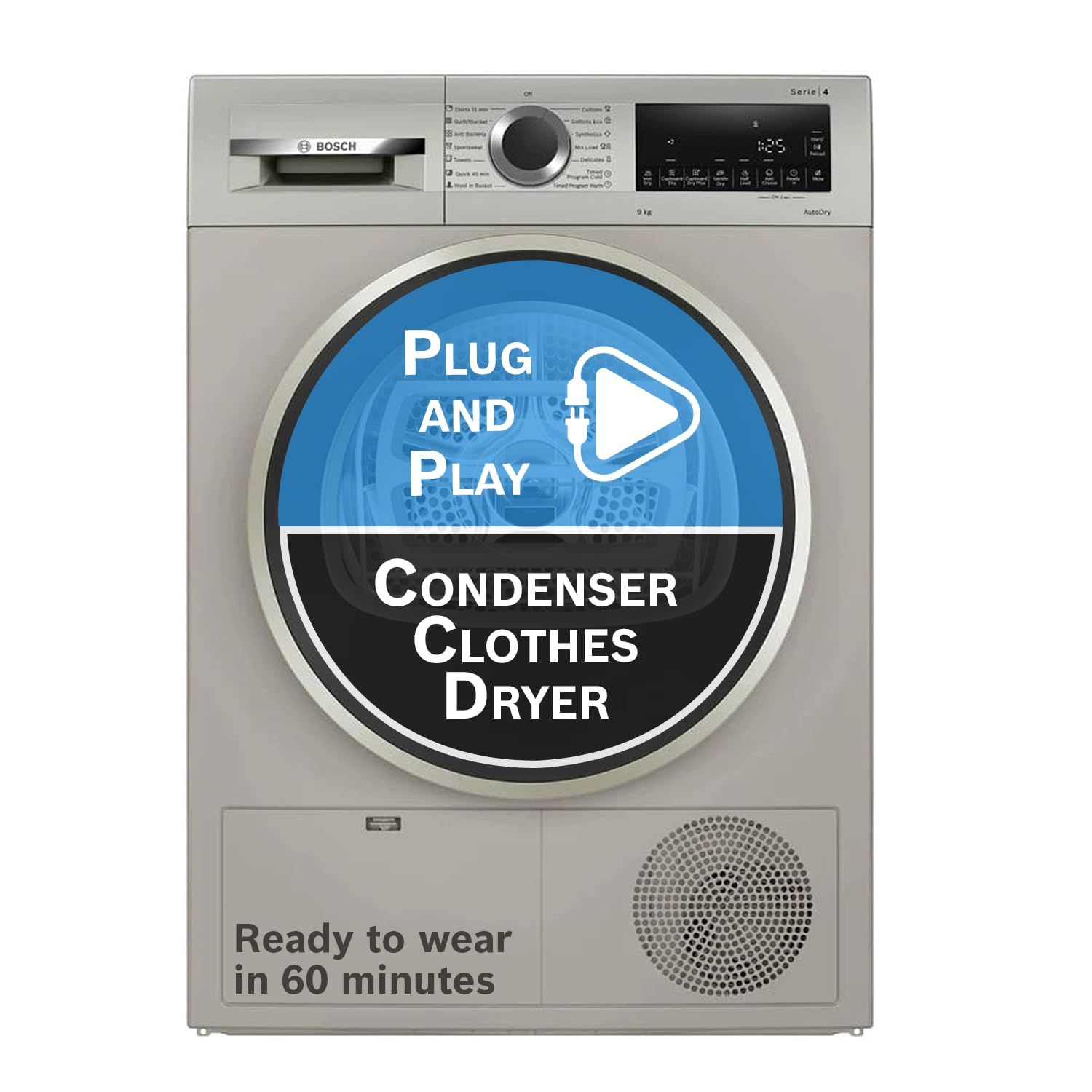 Bosch 9 kg Fully Automatic Front Load Condenser Heat Pump Tumble Dryer | 100% Drying, 0% Effort | 5 Drying Options |Reduces 99.9% Allergens |Ready-to-Wear No Crease (2026 model,WPG24108IN,Silver Inox) Bosch 9 kg Fully Automatic Front Load Condenser Heat 