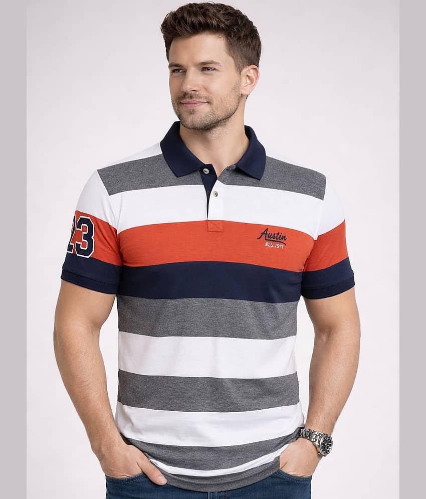 AUSTIN WOOD Men Cotton Blend Regular Fit Striped Polo T Shirt ( Grey )