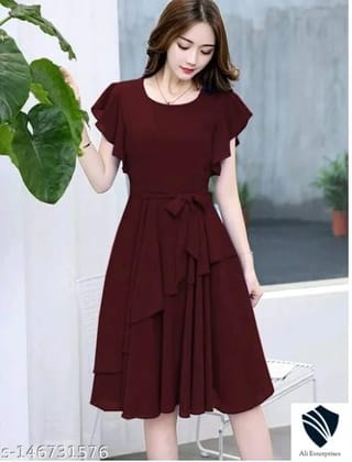 Women Wine Solid Knee Length, Fit And Flare & A-line Georgette Dress