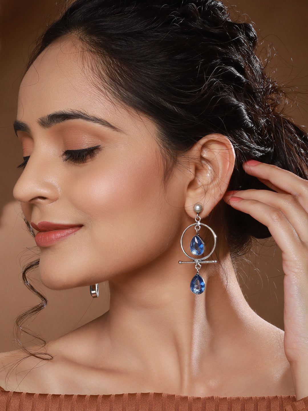 Silver Oxidised Plted Blue Stone AD Minimal T-Shaped Hoop Earrings