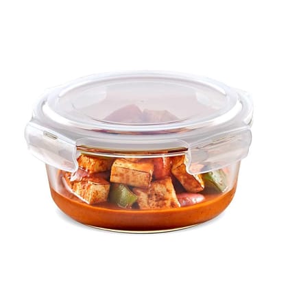 Borosil Airtight Glass Food Storage Container with Snap Lock Lid, Round, 650ml , Pack Of 1