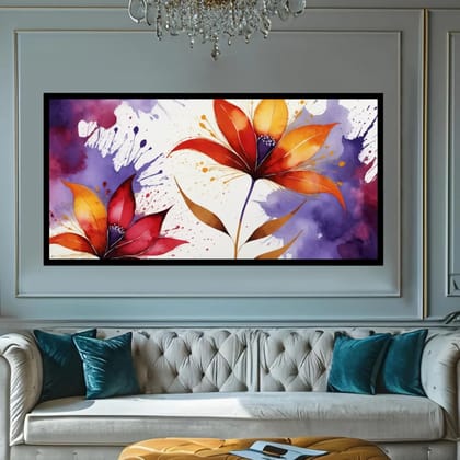 Luminary Splash of Sunset – Vibrant Watercolor Lotus Museum-Quality Cotton Canvas Painting for Artistic Walls | Frame Size (127 X 69 Cm) | Frame Type (Black) | 5-Year Warranty