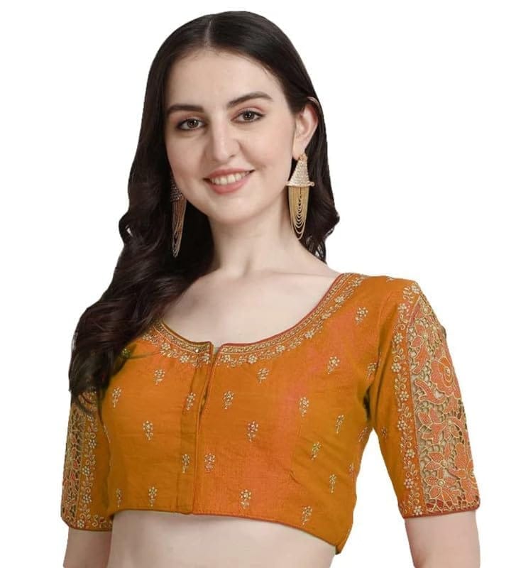 Women's Phantom Silk Woven Round Neck Short Sleeve Readymade Blouse (Yellow, Free Size)-PID57720