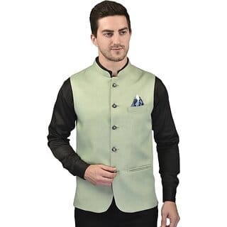 PrintCulture Men Solid Green Cotton Blend Nehru Jacket
