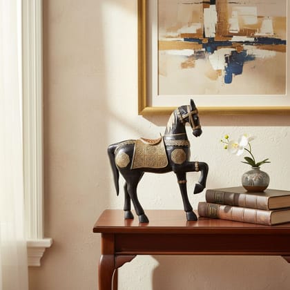 Black Colored Coated, Designed Brass Fitted Antique Wooden Furniture Horse