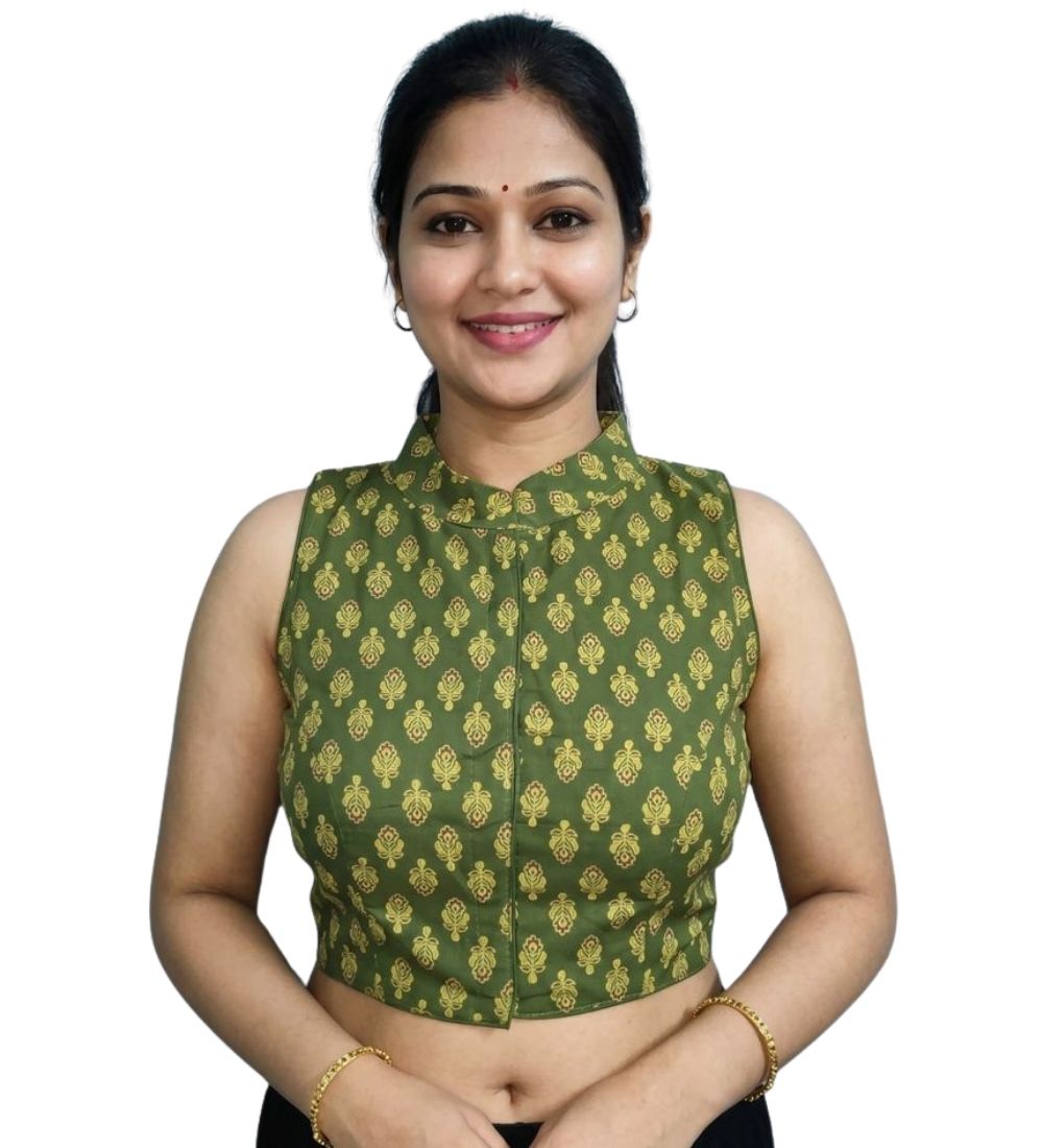 Women's Ajrakh Printed Cotton Sleeveless Collar Neck Padded Readymade Blouse (Olive, Size 38 - Self-Alterable 36–40)
